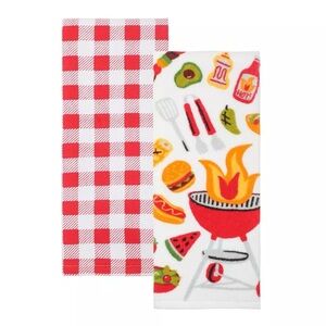 Set of 2 Bbq Grill Kitchen Towels Cookout Foods Burger Hot Dogs Mustard Peppers